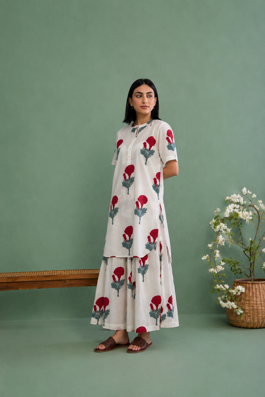 Mughal Summer Red Short Kurta With Flared Palazzo Set Of 2
