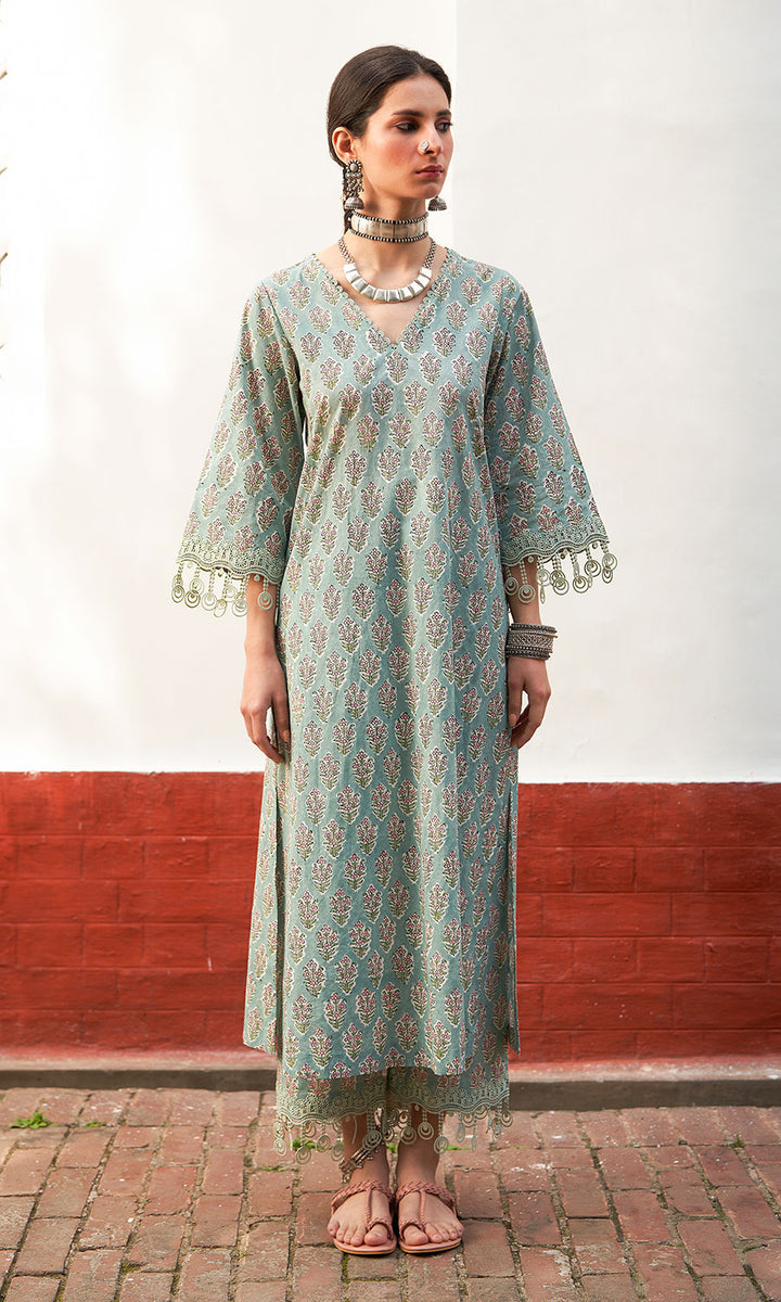 Chandani turquoise block printed straight kurta with palazzo and leheriya dupatta(set of 3)