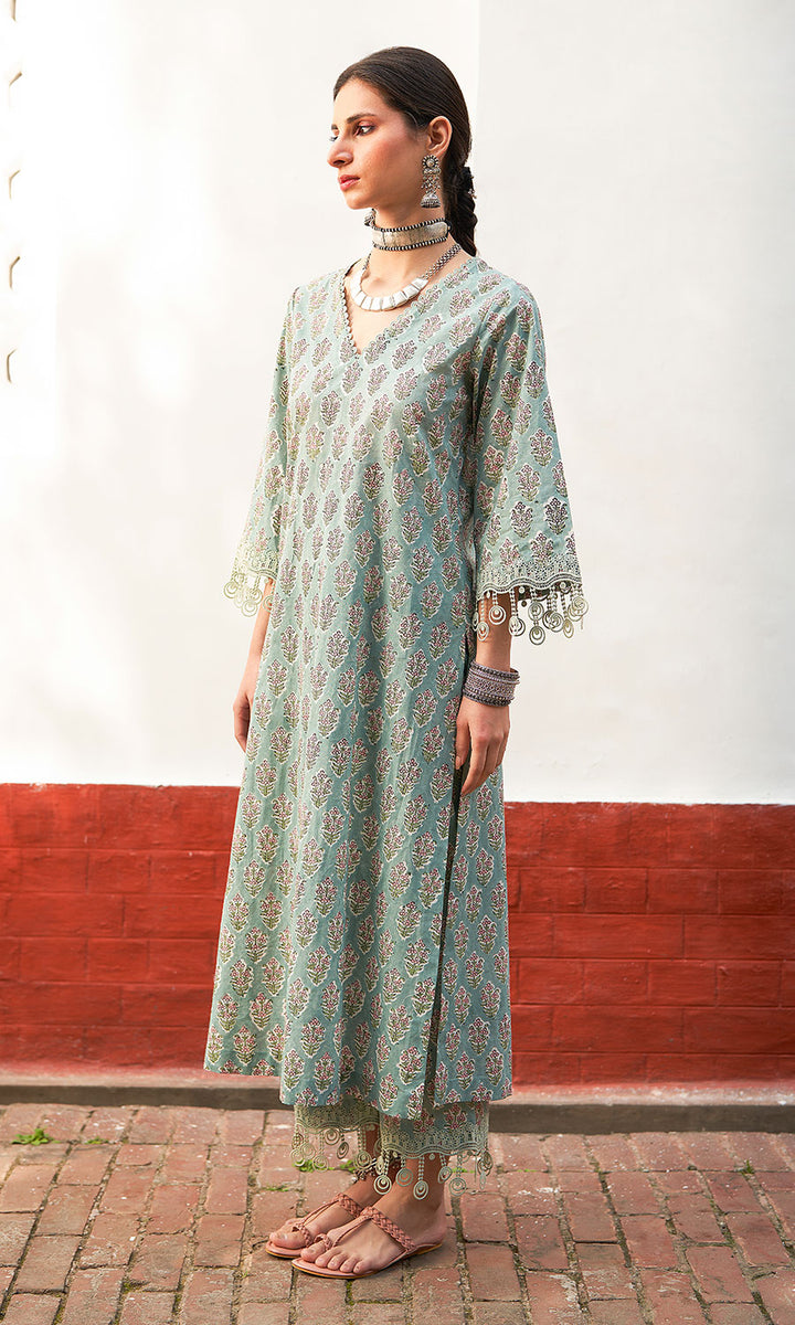 Chandani turquoise block printed straight kurta with palazzo and leheriya dupatta(set of 3)