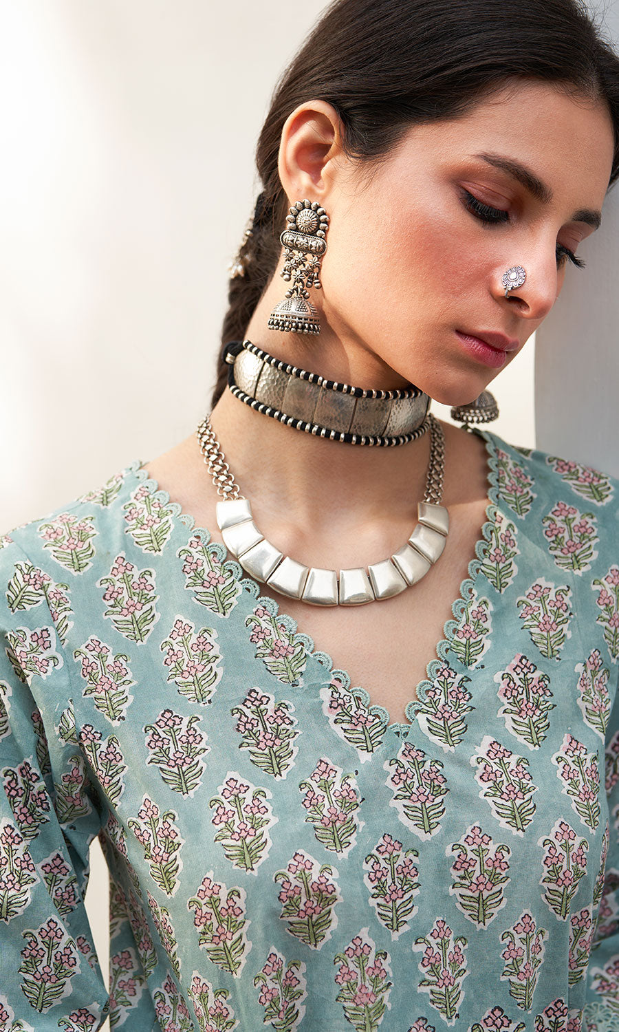 Chandani turquoise block printed straight kurta with palazzo and leheriya dupatta(set of 3)