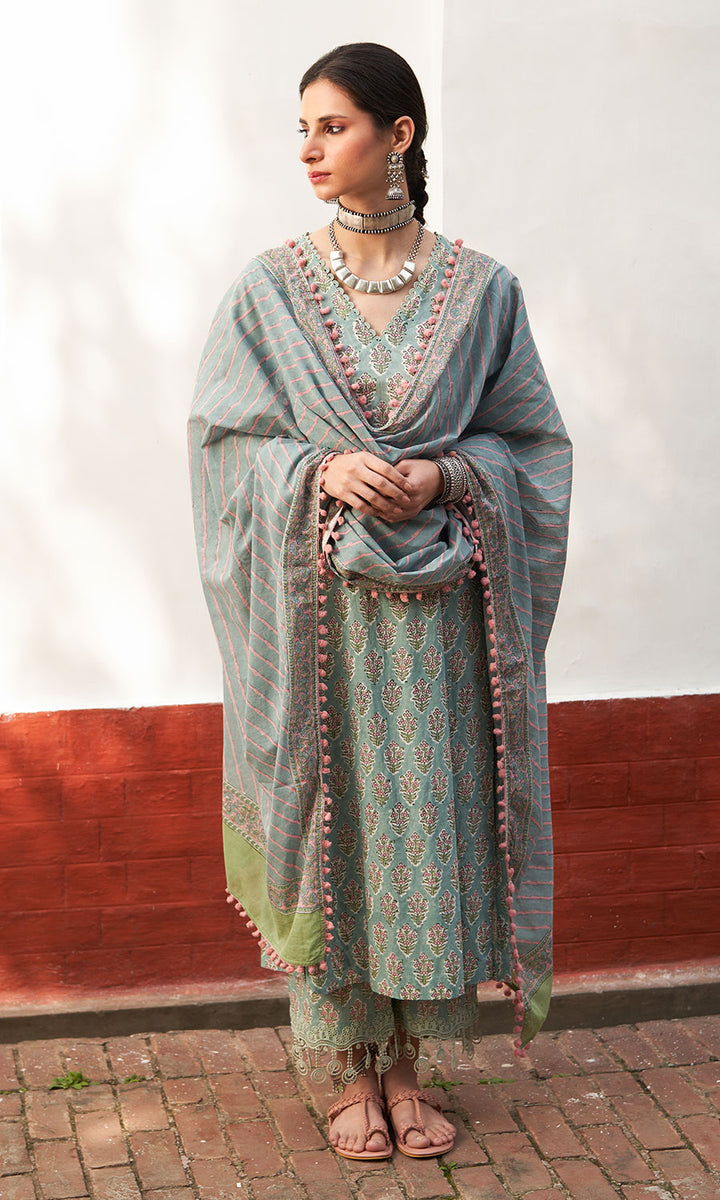 Chandani turquoise block printed straight kurta with palazzo and leheriya dupatta(set of 3)