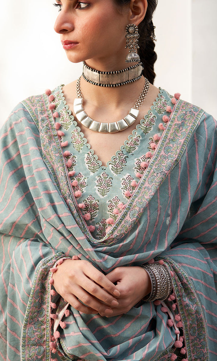 Chandani turquoise block printed straight kurta with palazzo and leheriya dupatta(set of 3)