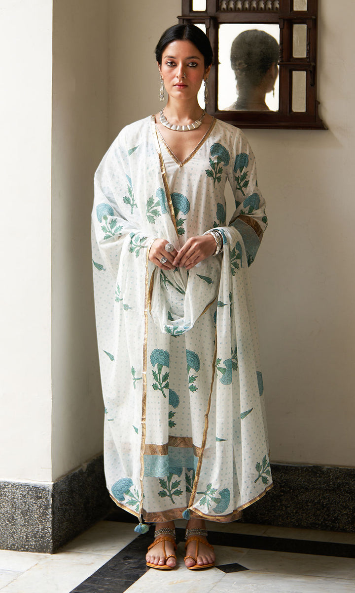 chandani turquoise block print lace gota kurta with palazzo and dupatta (set of 3)