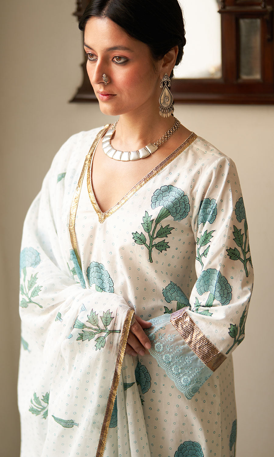 chandani turquoise block print lace gota kurta with palazzo and dupatta (set of 3)