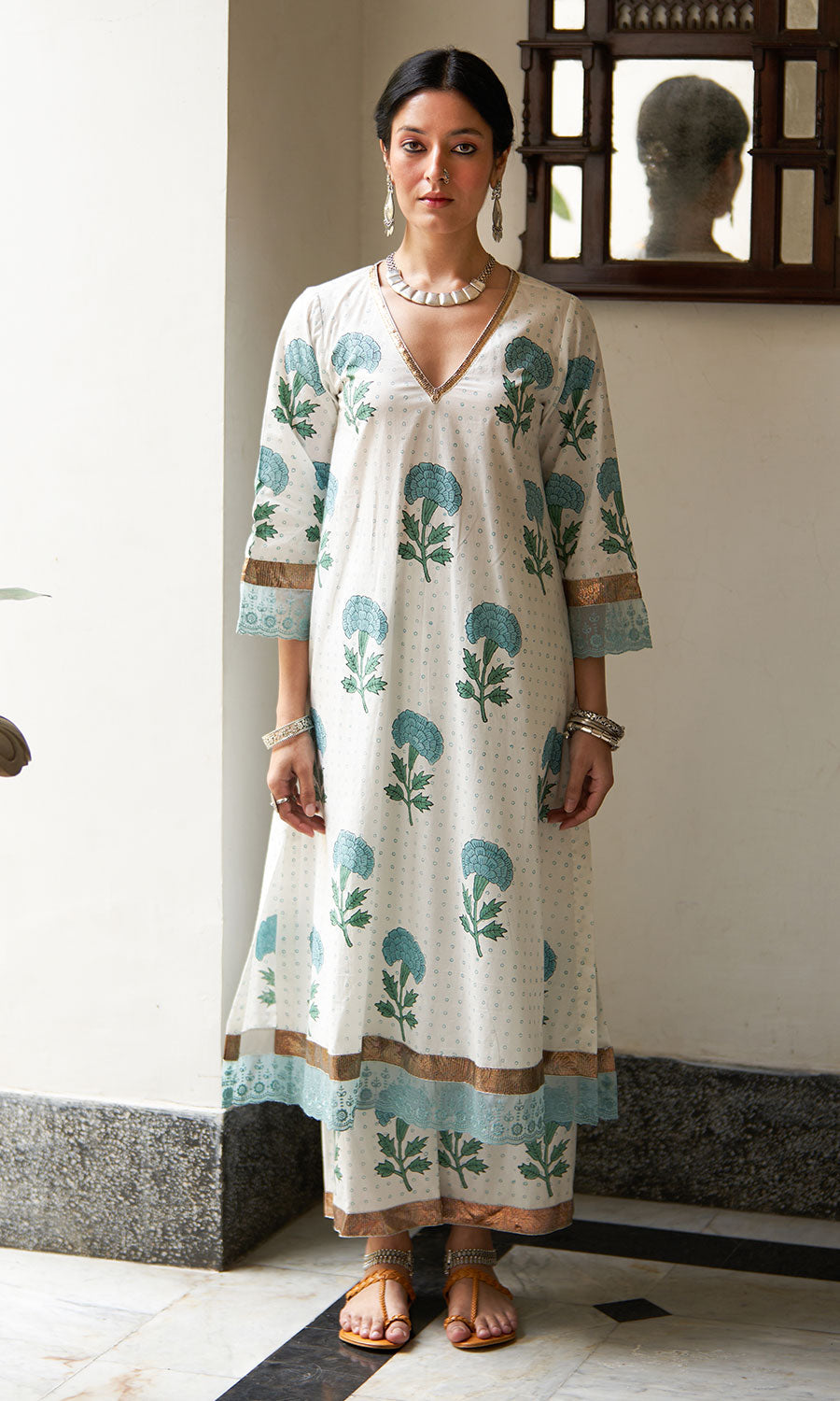 chandani turquoise block print lace gota kurta with palazzo and dupatta (set of 3)