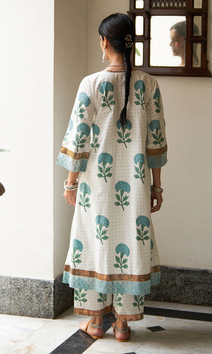 chandani turquoise block print lace gota kurta with palazzo and dupatta (set of 3)