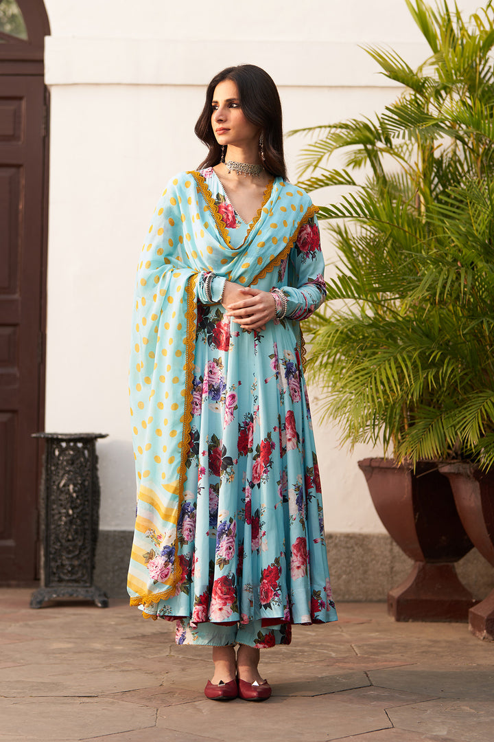 Bagh vol 2 turquoise anarkali with palazzo and printed dupatta (set of 3)