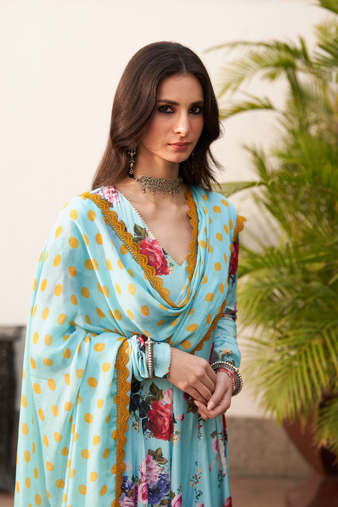 Bagh vol 2 turquoise anarkali with palazzo and printed dupatta (set of 3)