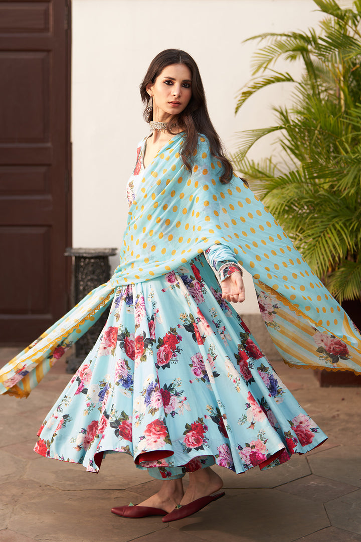 Bagh vol 2 turquoise anarkali with palazzo and printed dupatta (set of 3)