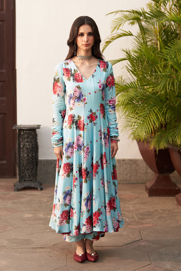 Bagh vol 2 turquoise anarkali with palazzo and printed dupatta (set of 3)