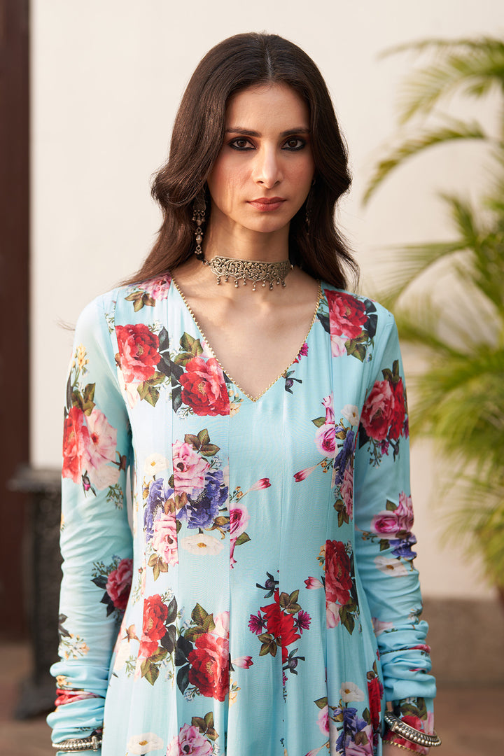 Bagh vol 2 turquoise anarkali with palazzo and printed dupatta (set of 3)