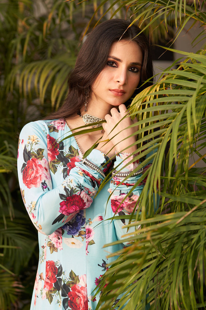 Bagh vol 2 turquoise anarkali with palazzo and printed dupatta (set of 3)