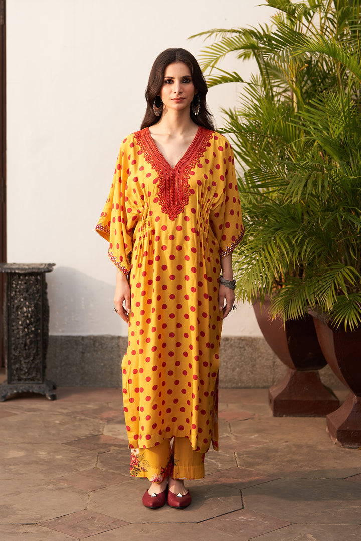 Bagh vol 2 mustard pintuck kaftan set (set of 2)