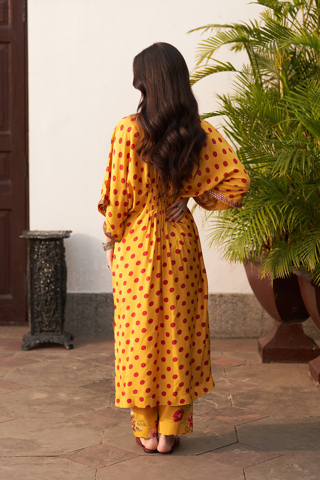 Bagh vol 2 mustard pintuck kaftan set (set of 2)