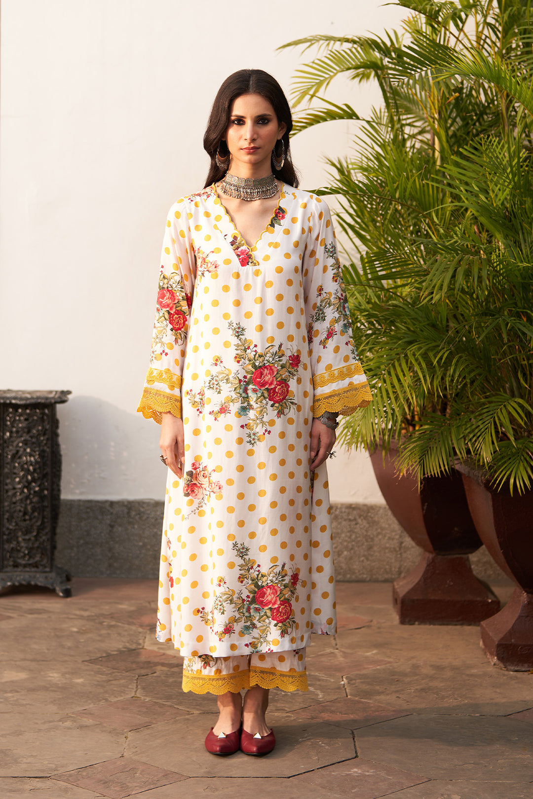 Bagh vol 2 mustard kurta with palazzo and polka dots dupatta (set of 3)