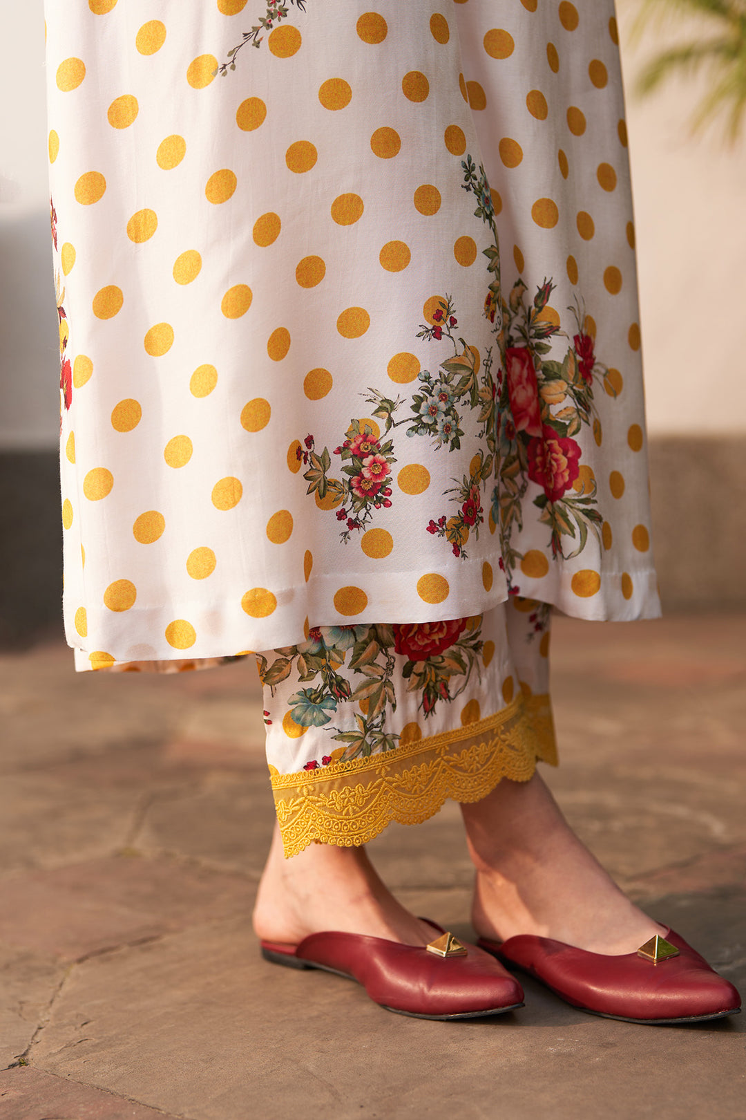 Bagh vol 2 mustard kurta with palazzo and polka dots dupatta (set of 3)