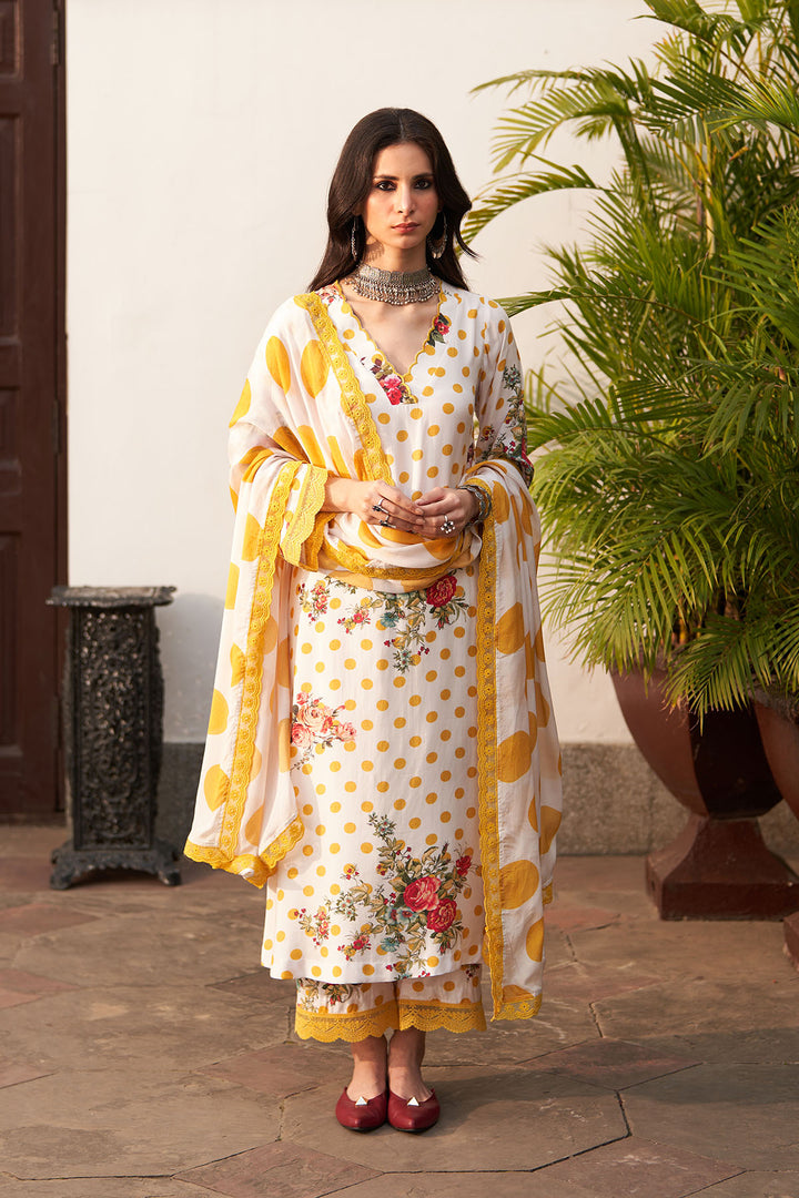 Bagh vol 2 mustard kurta with palazzo and polka dots dupatta (set of 3)