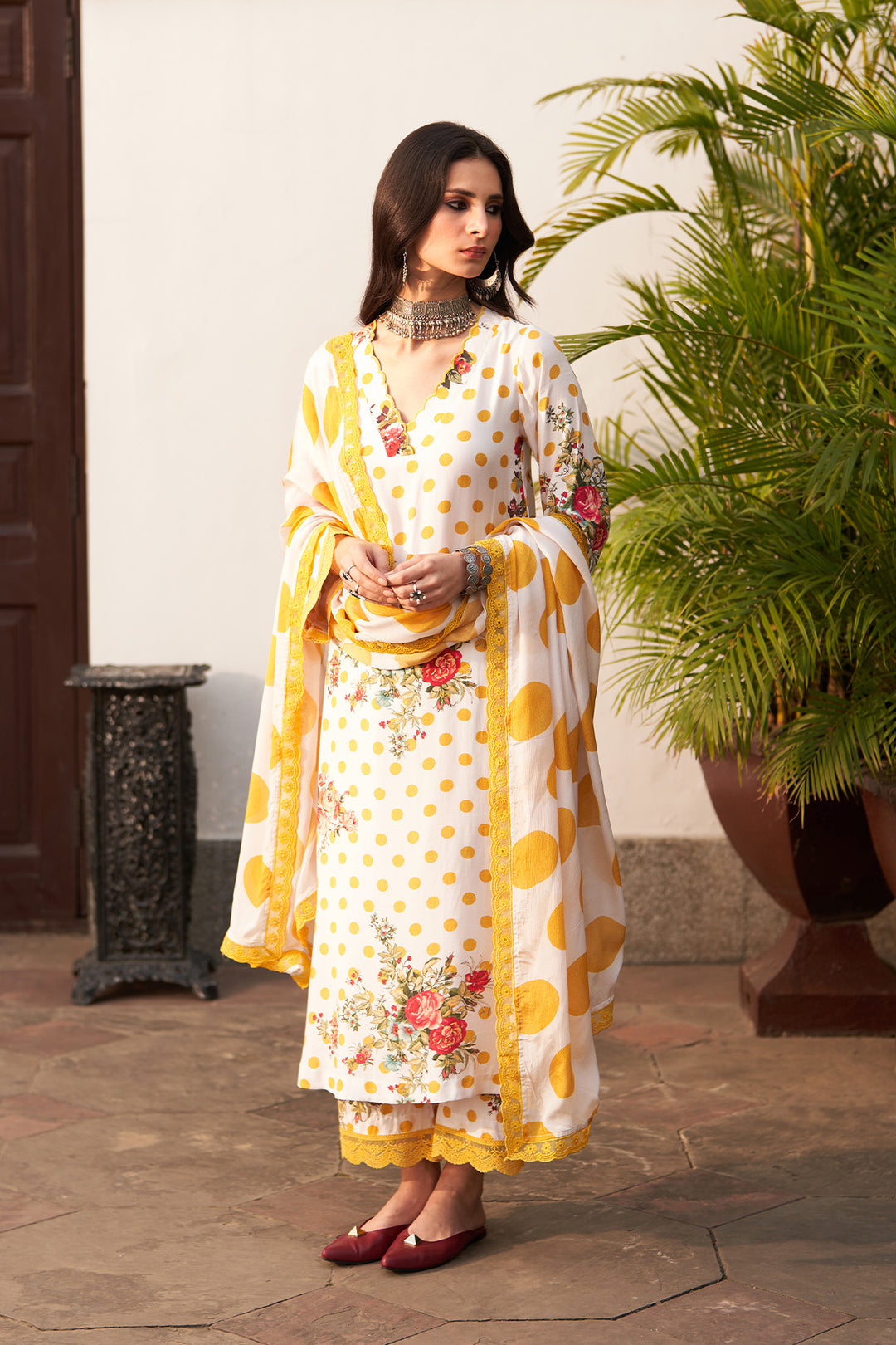 Bagh vol 2 mustard kurta with palazzo and polka dots dupatta (set of 3)