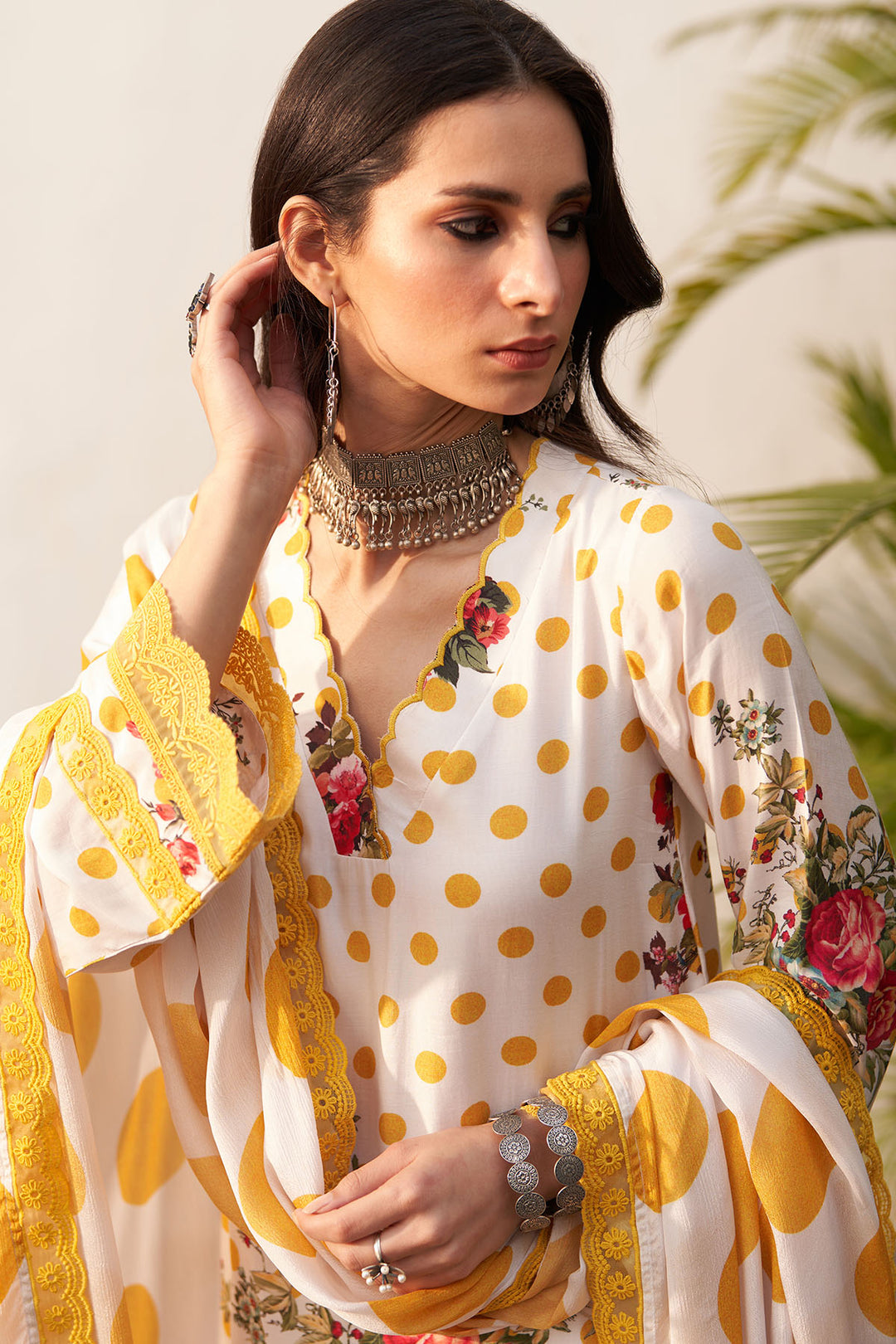 Bagh vol 2 mustard kurta with palazzo and polka dots dupatta (set of 3)