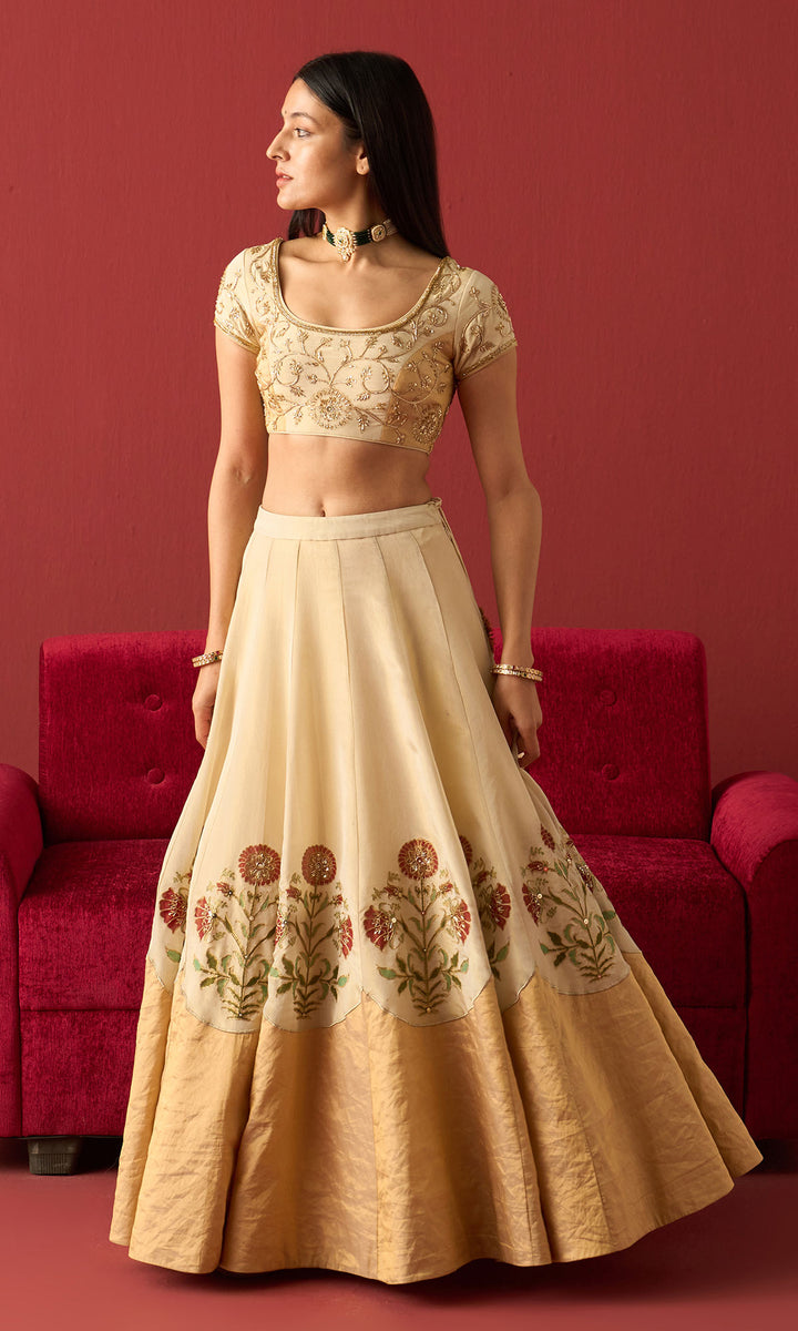 Rangeela Ivory gold Red tissue Mughal block print patch work lehenga with blouse and dupatta ( set of 3)