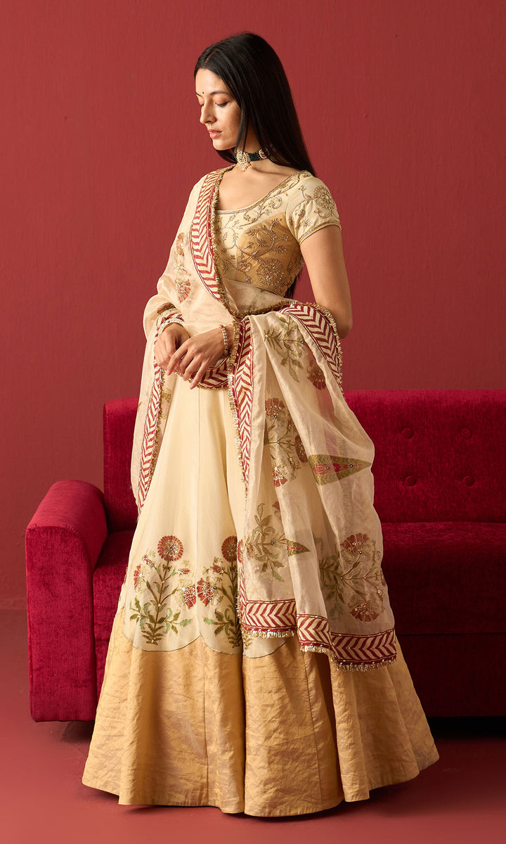 Rangeela Ivory gold Red tissue Mughal block print patch work lehenga with blouse and dupatta ( set of 3)
