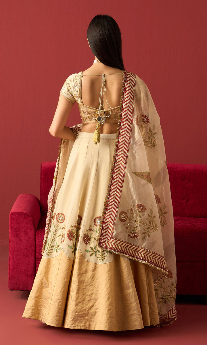 Rangeela Ivory gold Red tissue Mughal block print patch work lehenga with blouse and dupatta ( set of 3)