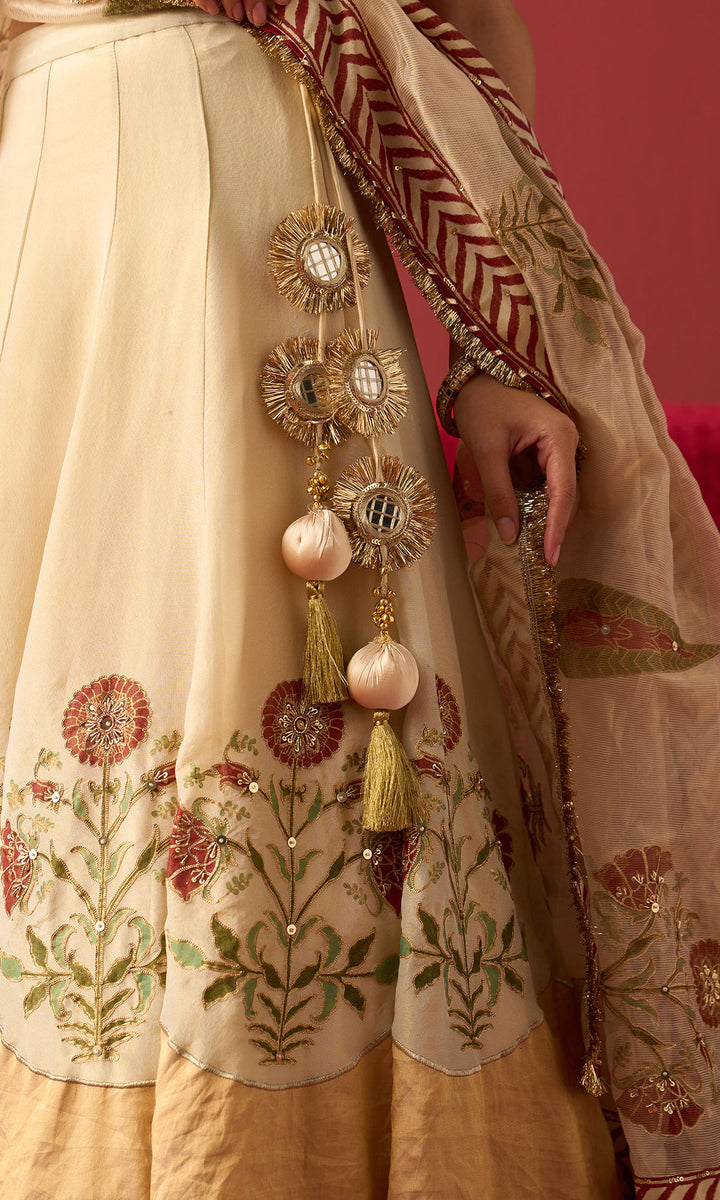 Rangeela Ivory gold Red tissue Mughal block print patch work lehenga with blouse and dupatta ( set of 3)