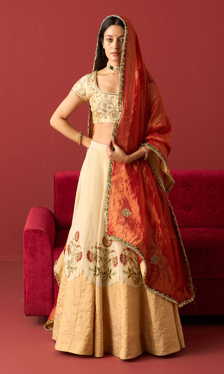 Rangeela Ivory gold Red tissue Mughal block print patch work lehenga with blouse and dupatta ( set of 3)