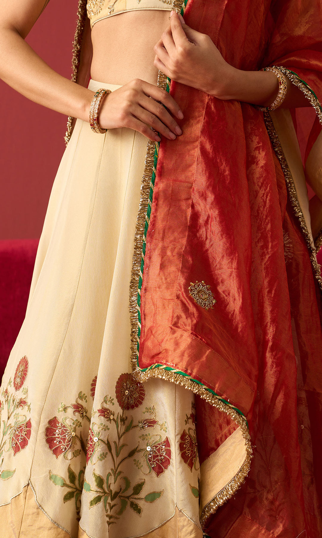 Rangeela Ivory gold Red tissue Mughal block print patch work lehenga with blouse and dupatta ( set of 3)