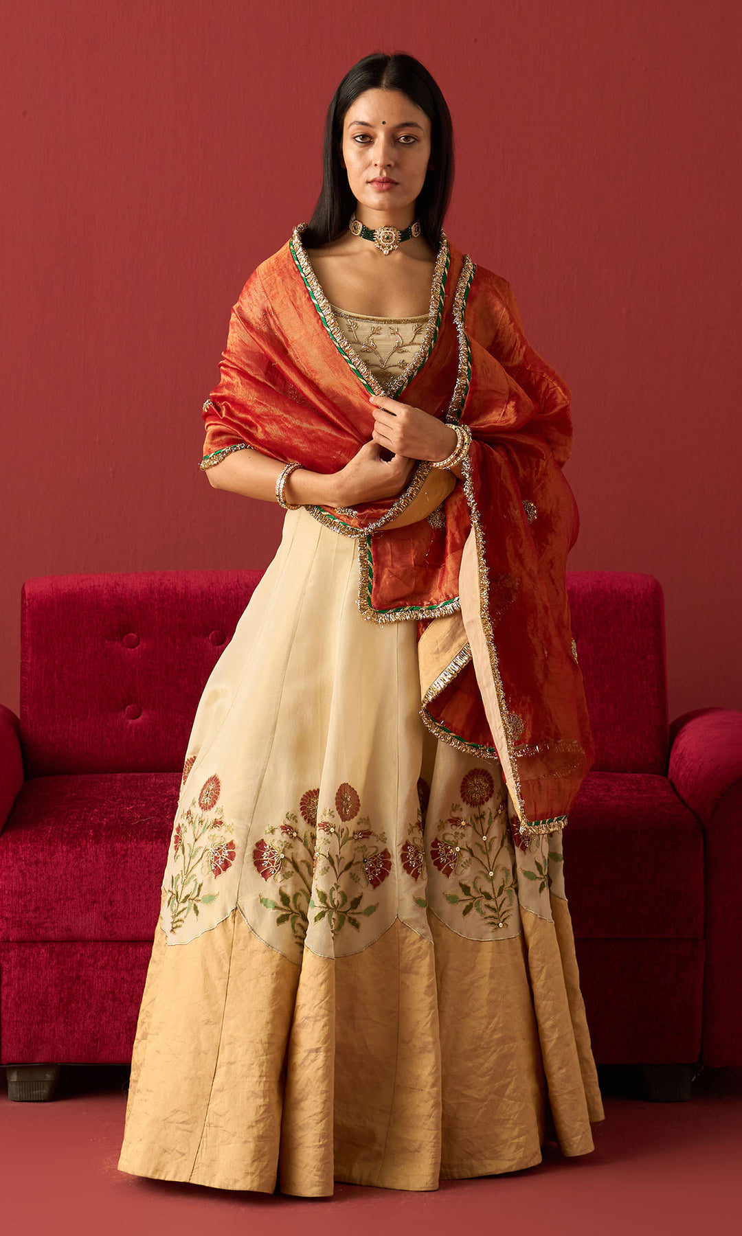 Rangeela Ivory gold Red tissue Mughal block print patch work lehenga with blouse and dupatta ( set of 3)