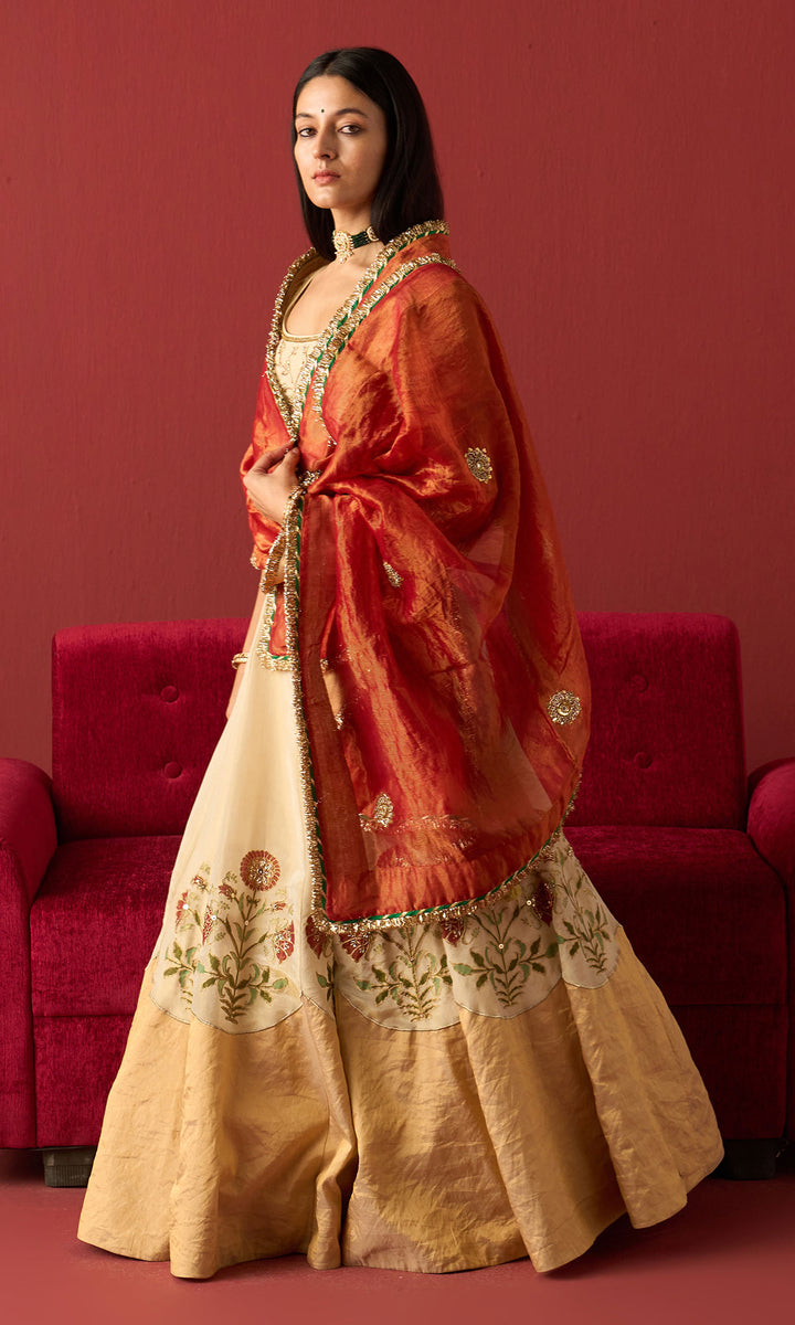Rangeela Ivory gold Red tissue Mughal block print patch work lehenga with blouse and dupatta ( set of 3)