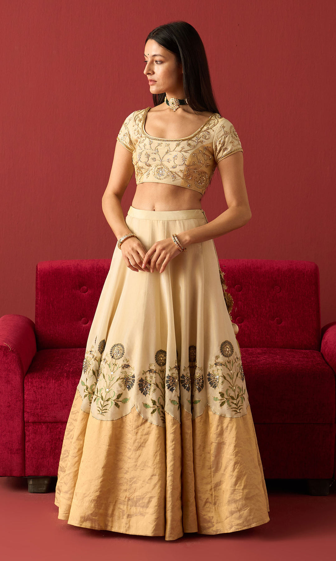 Rangeela Ivory gold Blue tissue Mughal block print patch work lehenga with blouse and dupatta ( set of 3)