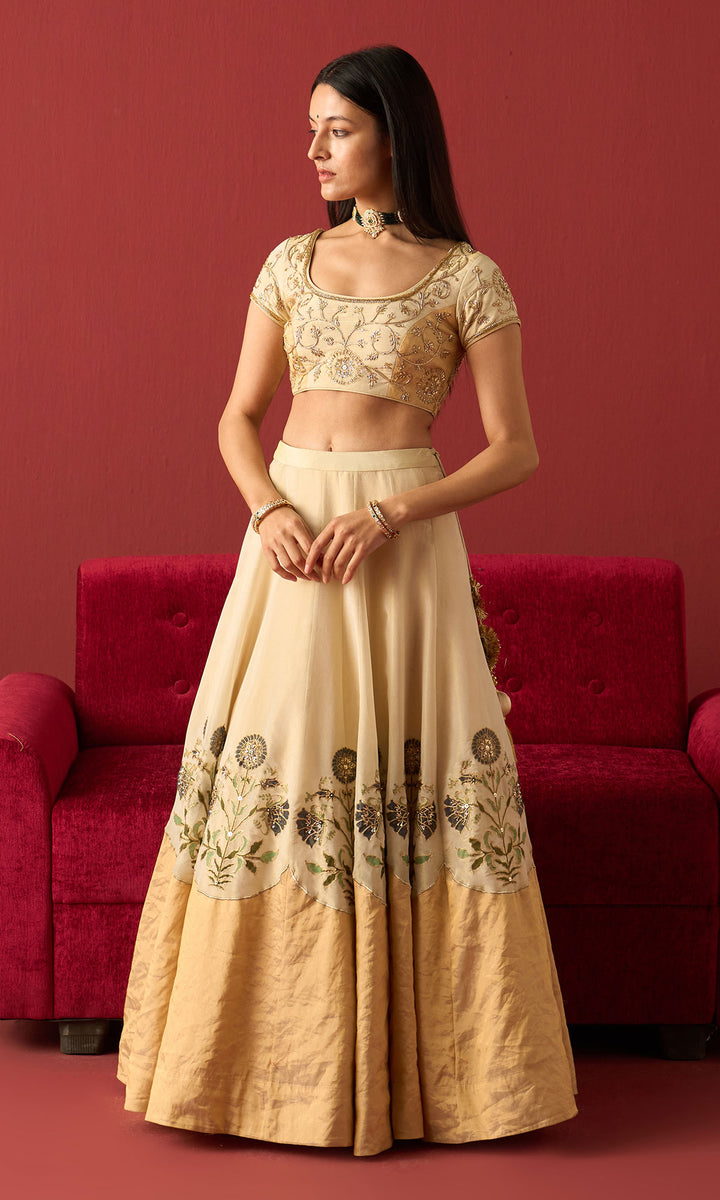 Rangeela Ivory gold Blue tissue Mughal block print patch work lehenga with blouse and dupatta ( set of 3)