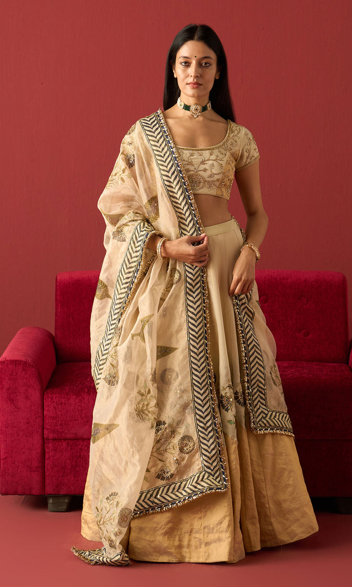 Rangeela Ivory gold Blue tissue Mughal block print patch work lehenga with blouse and dupatta ( set of 3)