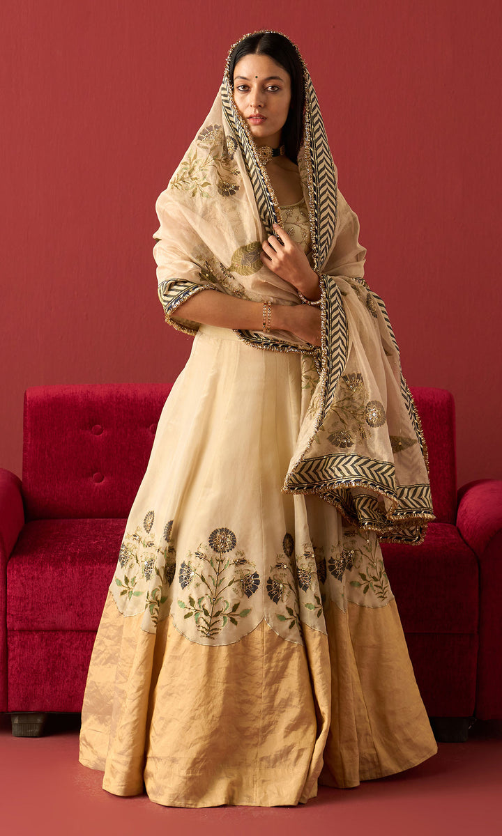 Rangeela Ivory gold Blue tissue Mughal block print patch work lehenga with blouse and dupatta ( set of 3)