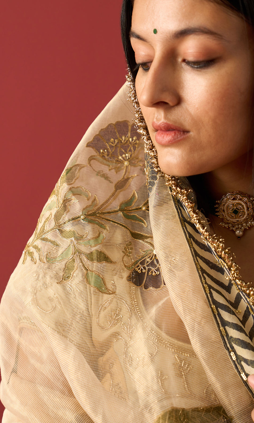 Rangeela Ivory gold Blue tissue Mughal block print patch work lehenga with blouse and dupatta ( set of 3)