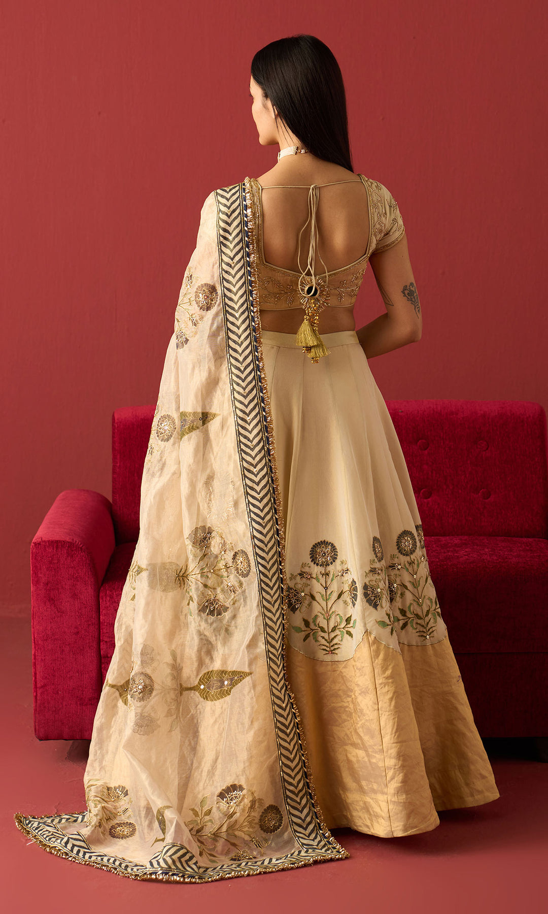 Rangeela Ivory gold Blue tissue Mughal block print patch work lehenga with blouse and dupatta ( set of 3)