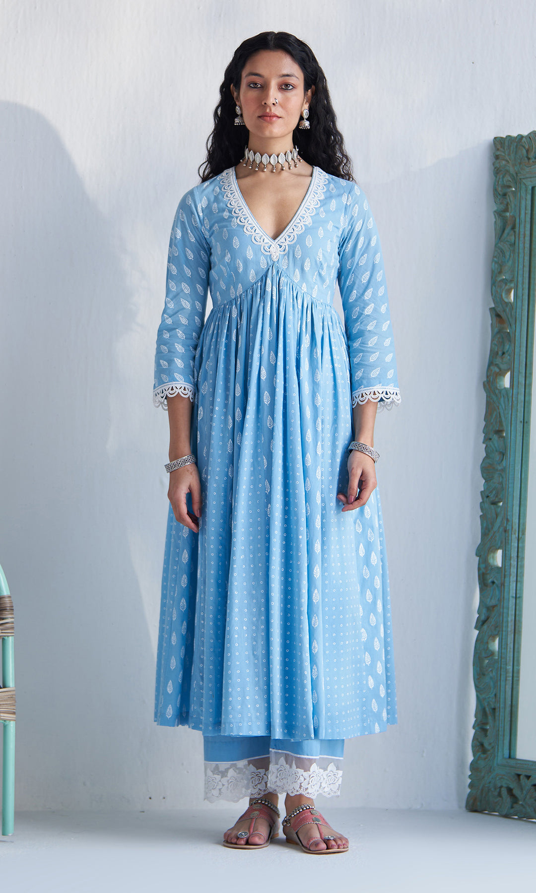 Gaj Powder Blue Khari Block Print V Neck Anarkali With Palazzo And  Dupatta (Set Of 3)