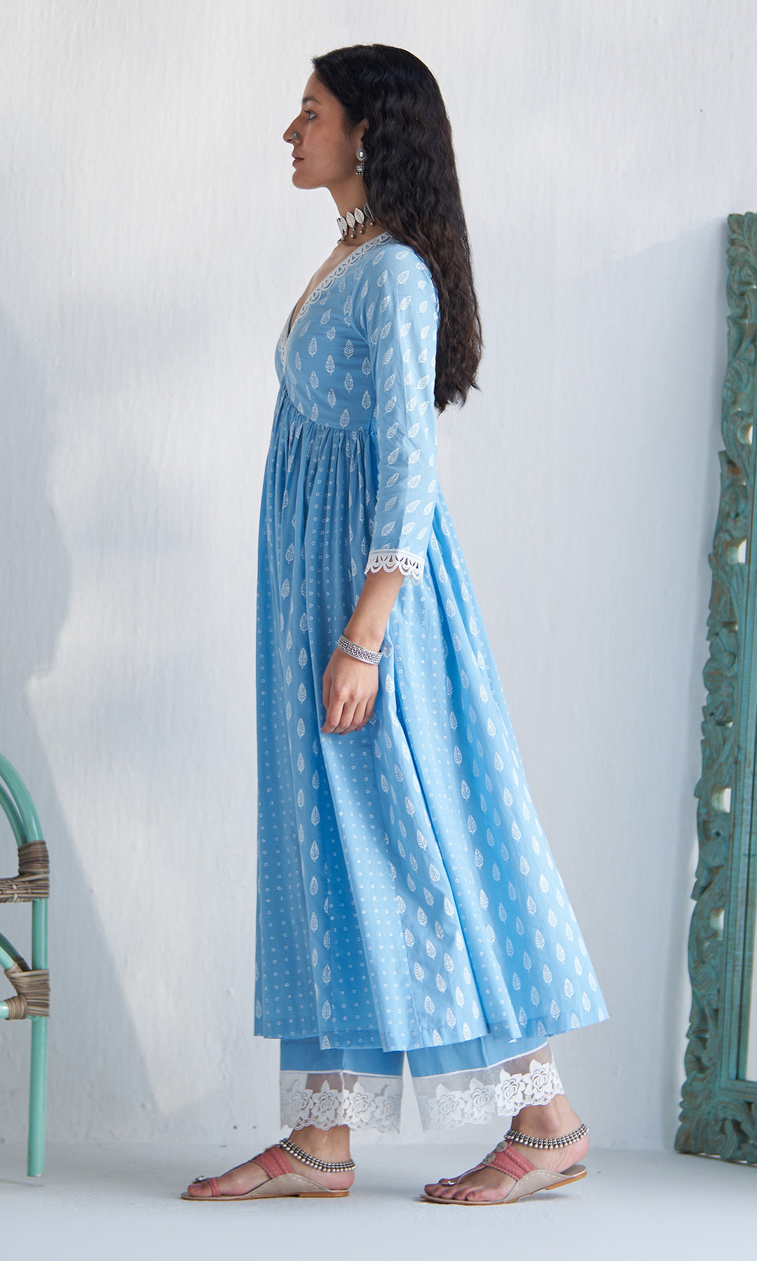 Gaj Powder Blue Khari Block Print V Neck Anarkali With Palazzo And  Dupatta (Set Of 3)