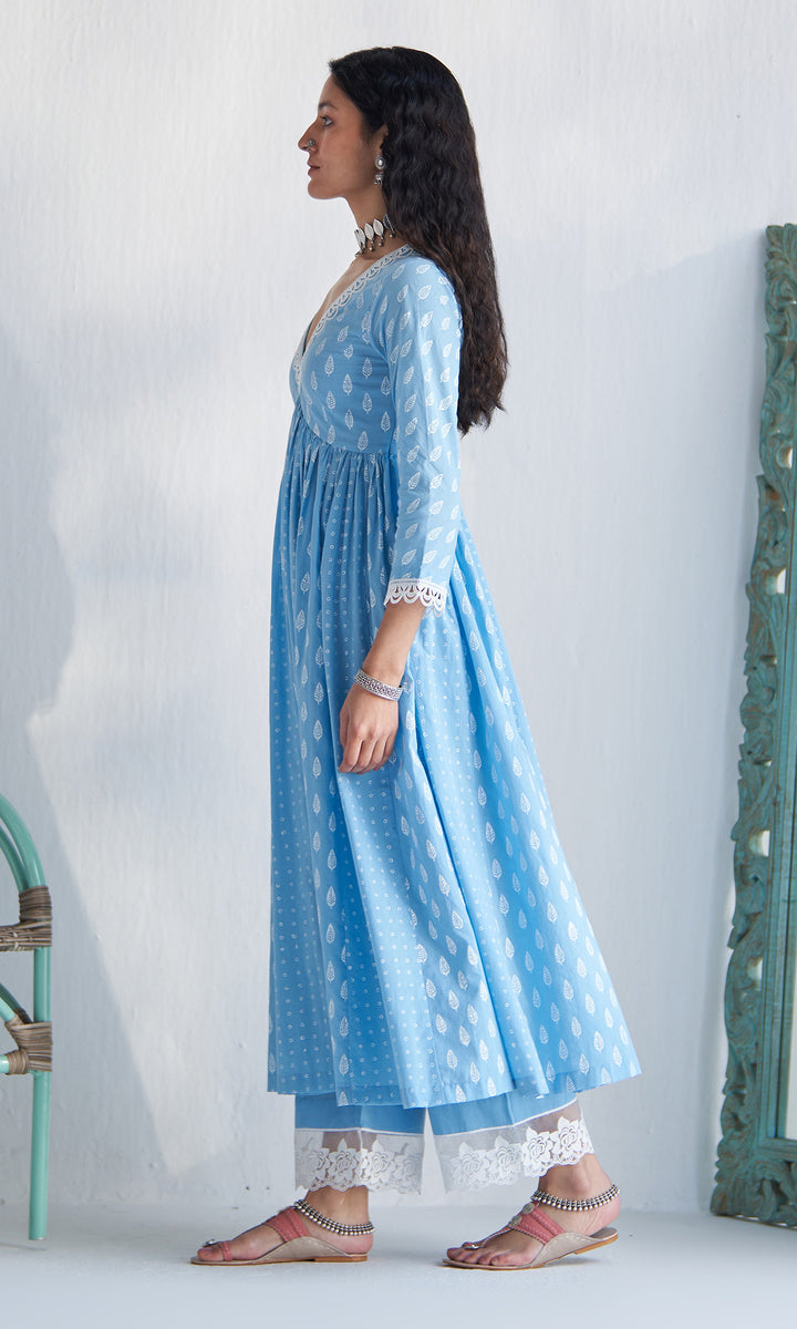 Gaj Powder Blue Khari Block Print V Neck Anarkali With Palazzo And  Dupatta (Set Of 3)
