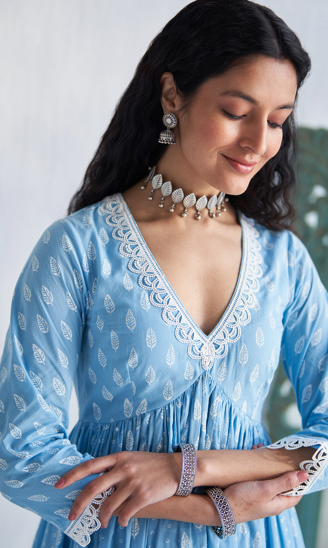 Gaj Powder Blue Khari Block Print V Neck Anarkali With Palazzo And  Dupatta (Set Of 3)