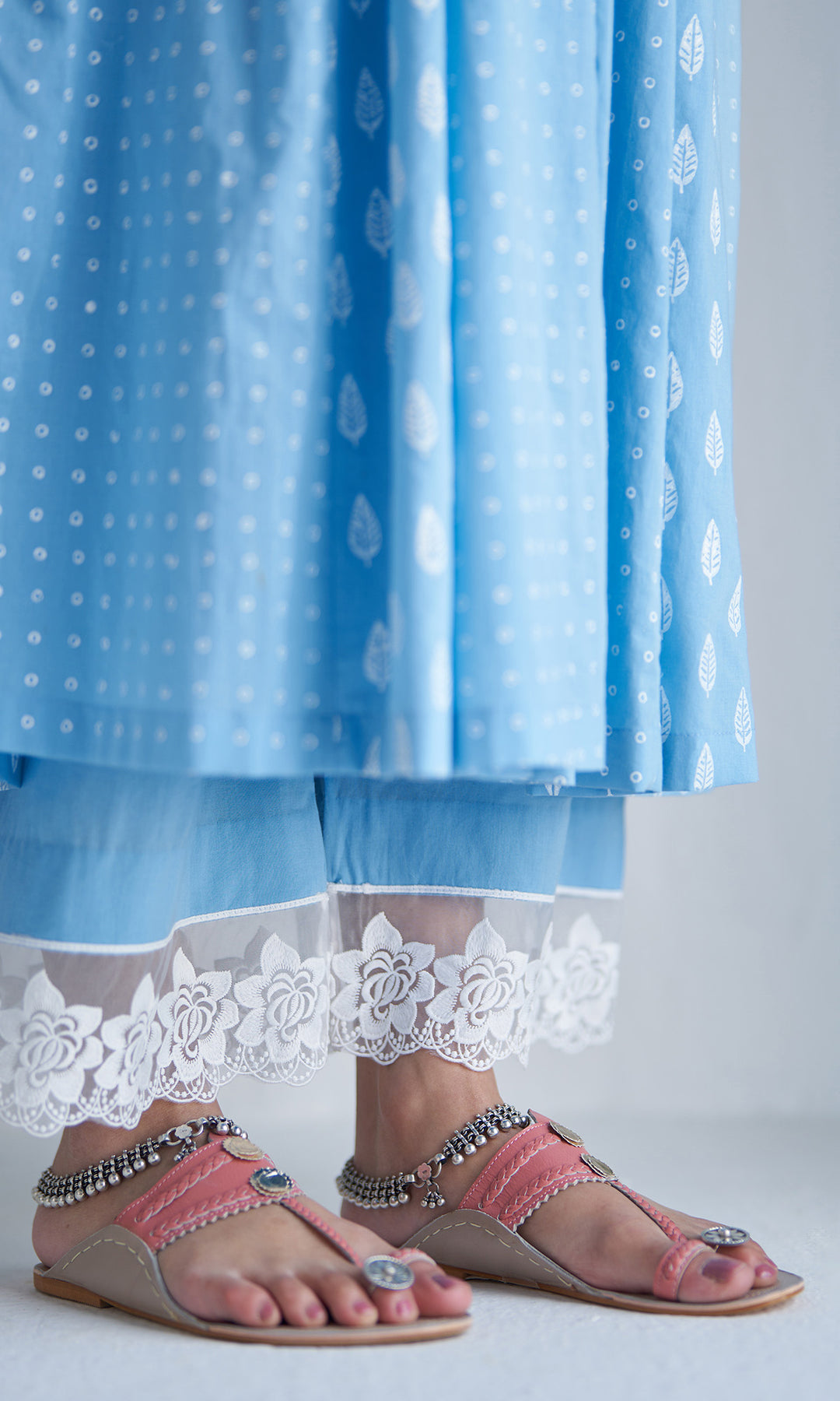 Gaj Powder Blue Khari Block Print V Neck Anarkali With Palazzo And  Dupatta (Set Of 3)