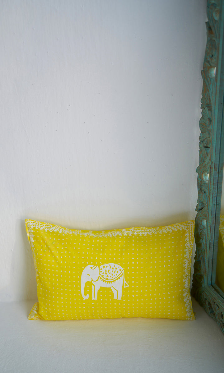 Haathi Yellow Hand Block Print Pillow Cover ( 1 Pcs)
