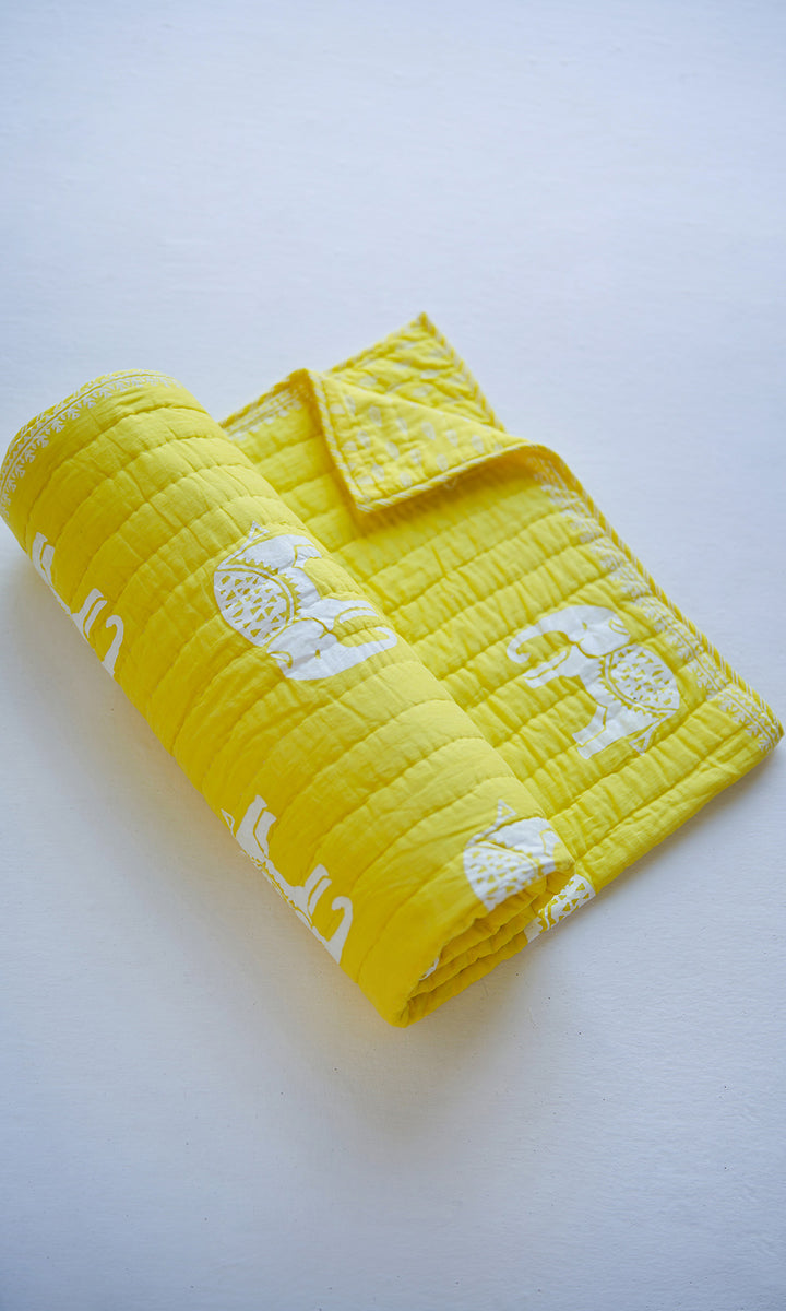 Haathi Yellow Hand Block Print Quilt