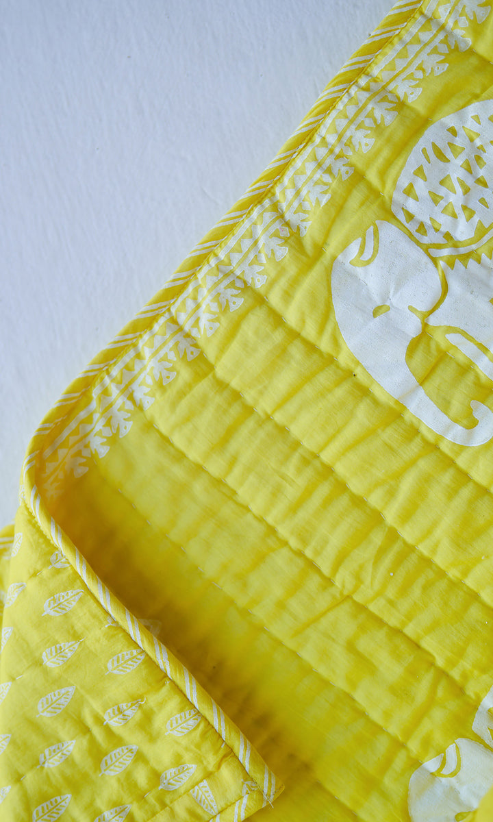 Haathi Yellow Hand Block Print Quilt