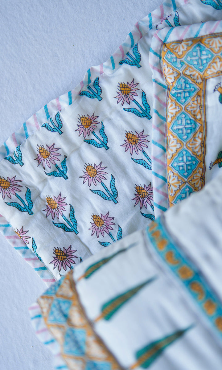 Hand Off White Yellow Pink Block Print Mughal  Quilt