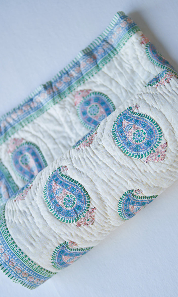Hand Off White Blue Pink Block Print Paiseley Quilt