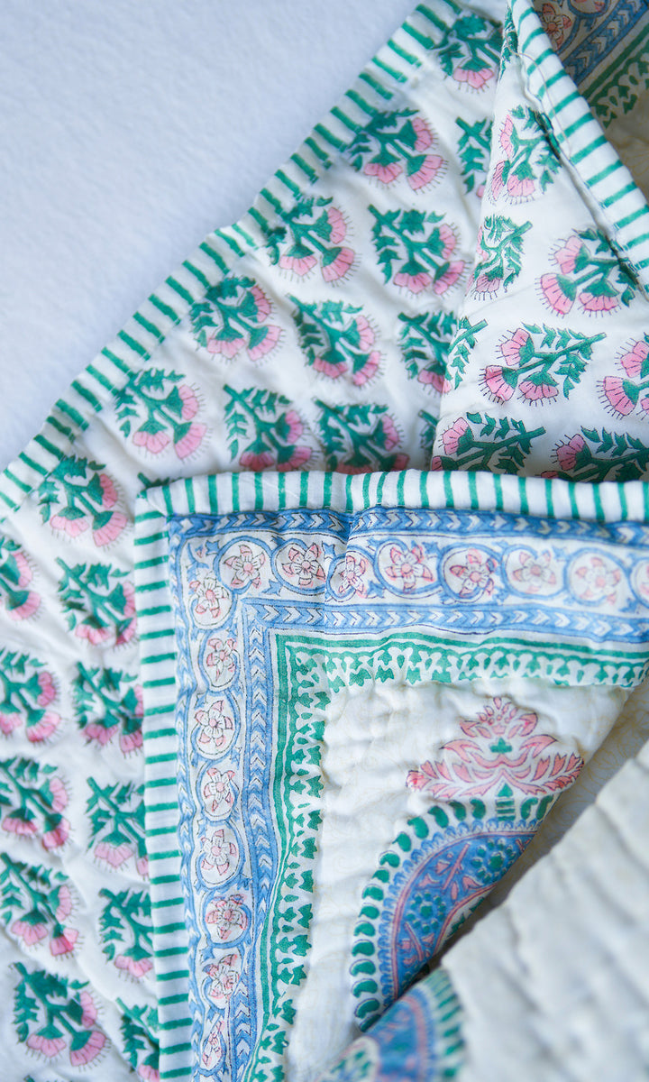 Hand Off White Yellow Pink Block Print Mughal  Quilt