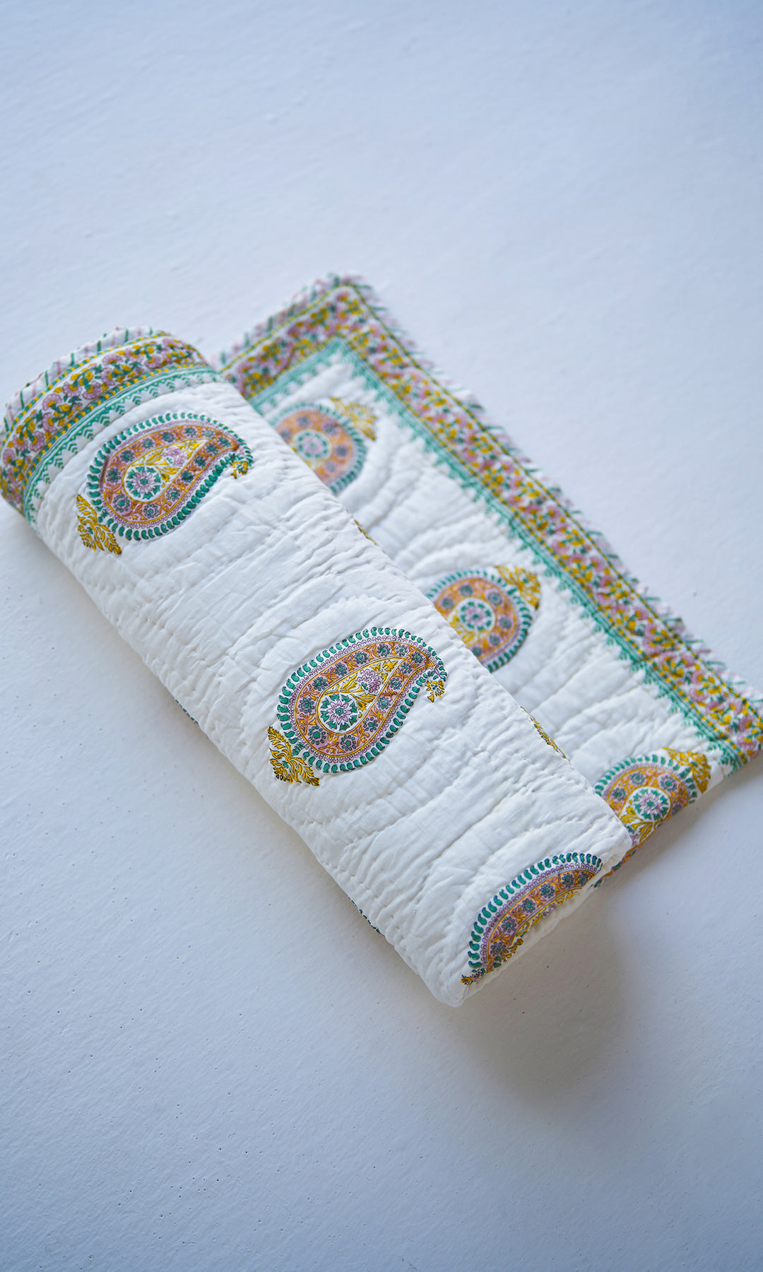 Hand Off White Blue Pink Block Print Paiseley Quilt