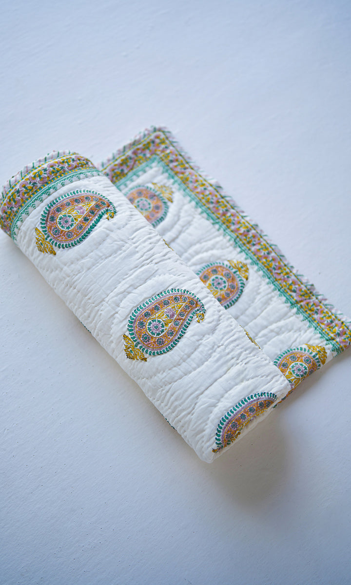 Hand Off White Blue Pink Block Print Paiseley Quilt